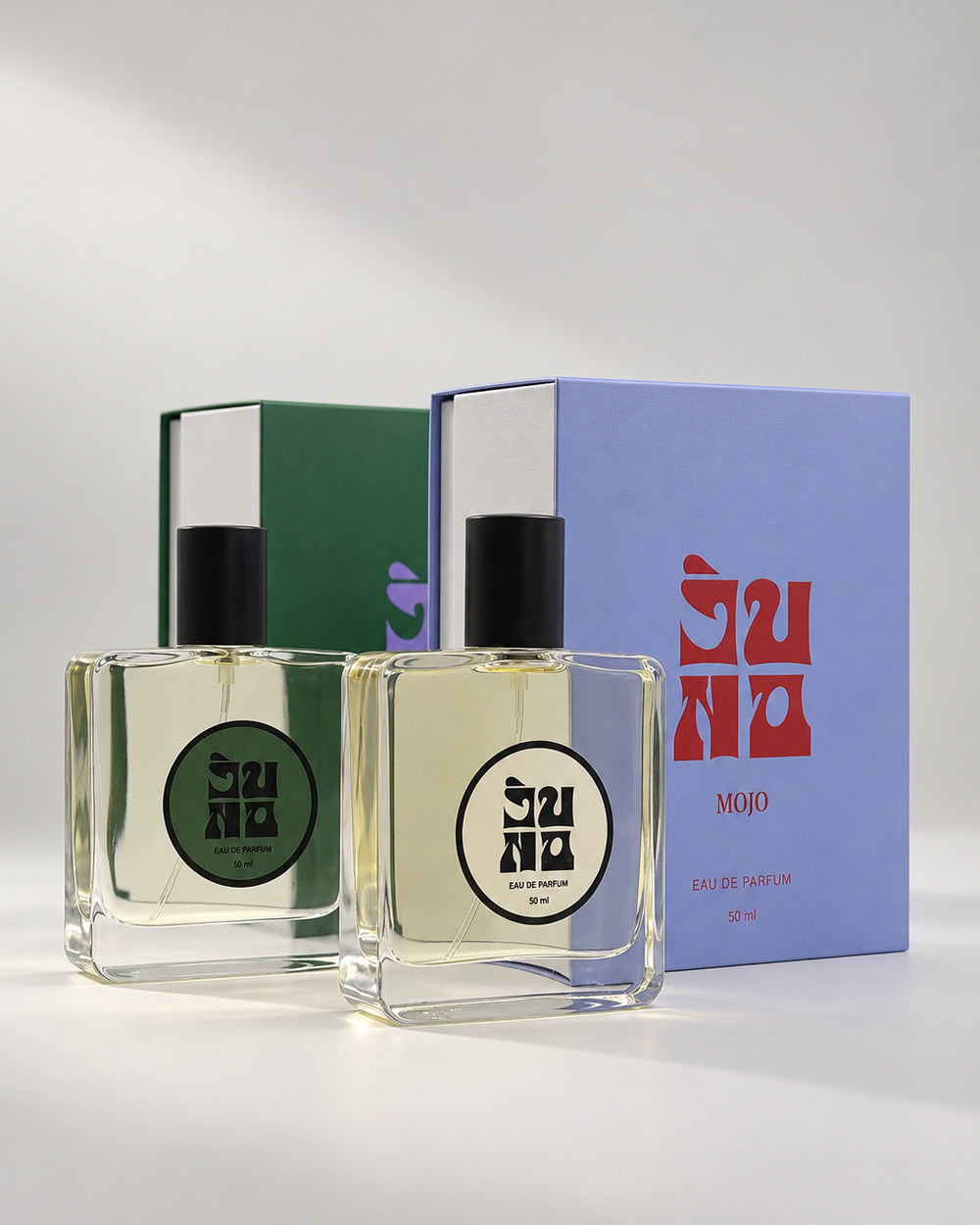 JUNO Perfect Combo with MOJO and GOYA Eau de parfum bottles and boxes